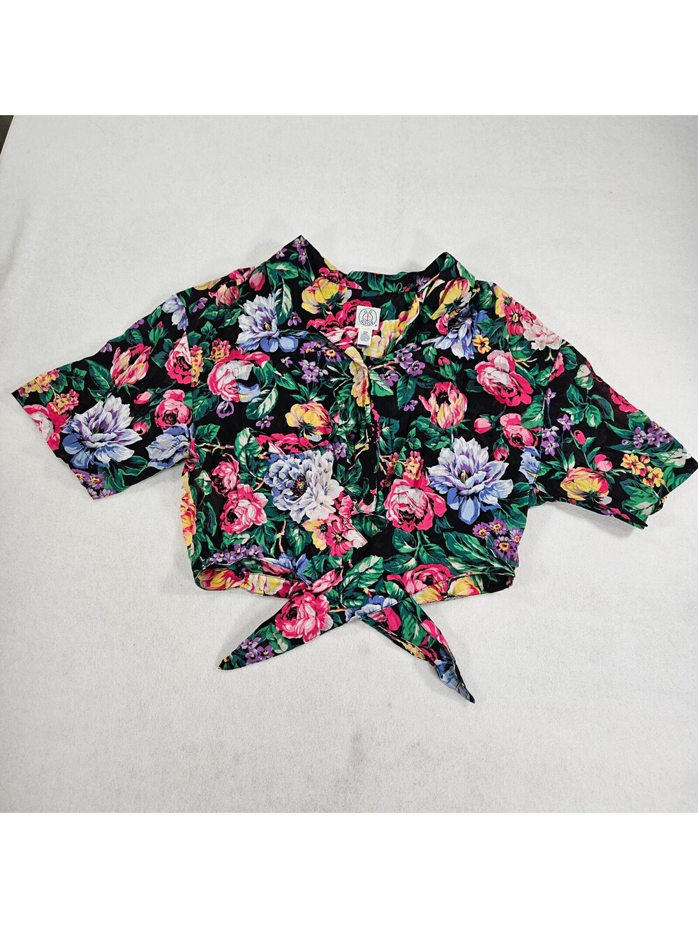 Vintage J.G. Hook Floral Tie Front Crop Top Womens 12 Black Cotton Made Korea